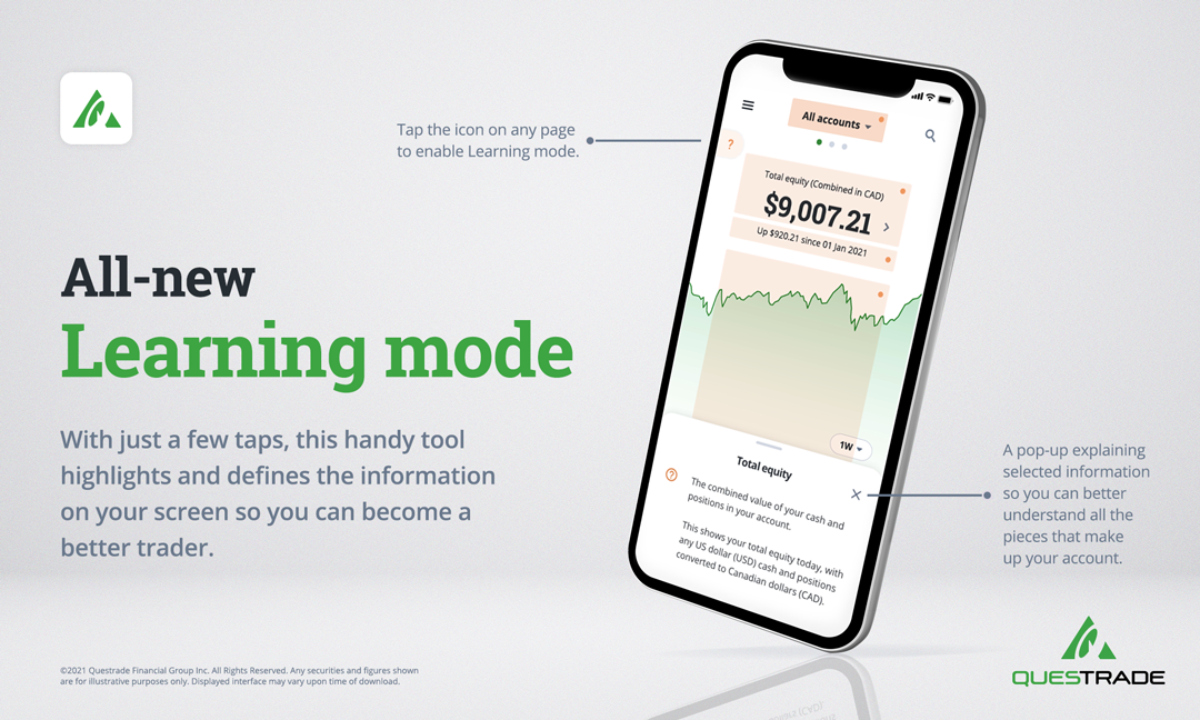 Questrades new learning mode available on the mobile app allows you to learn tips and tricks while navigating the mobile app.